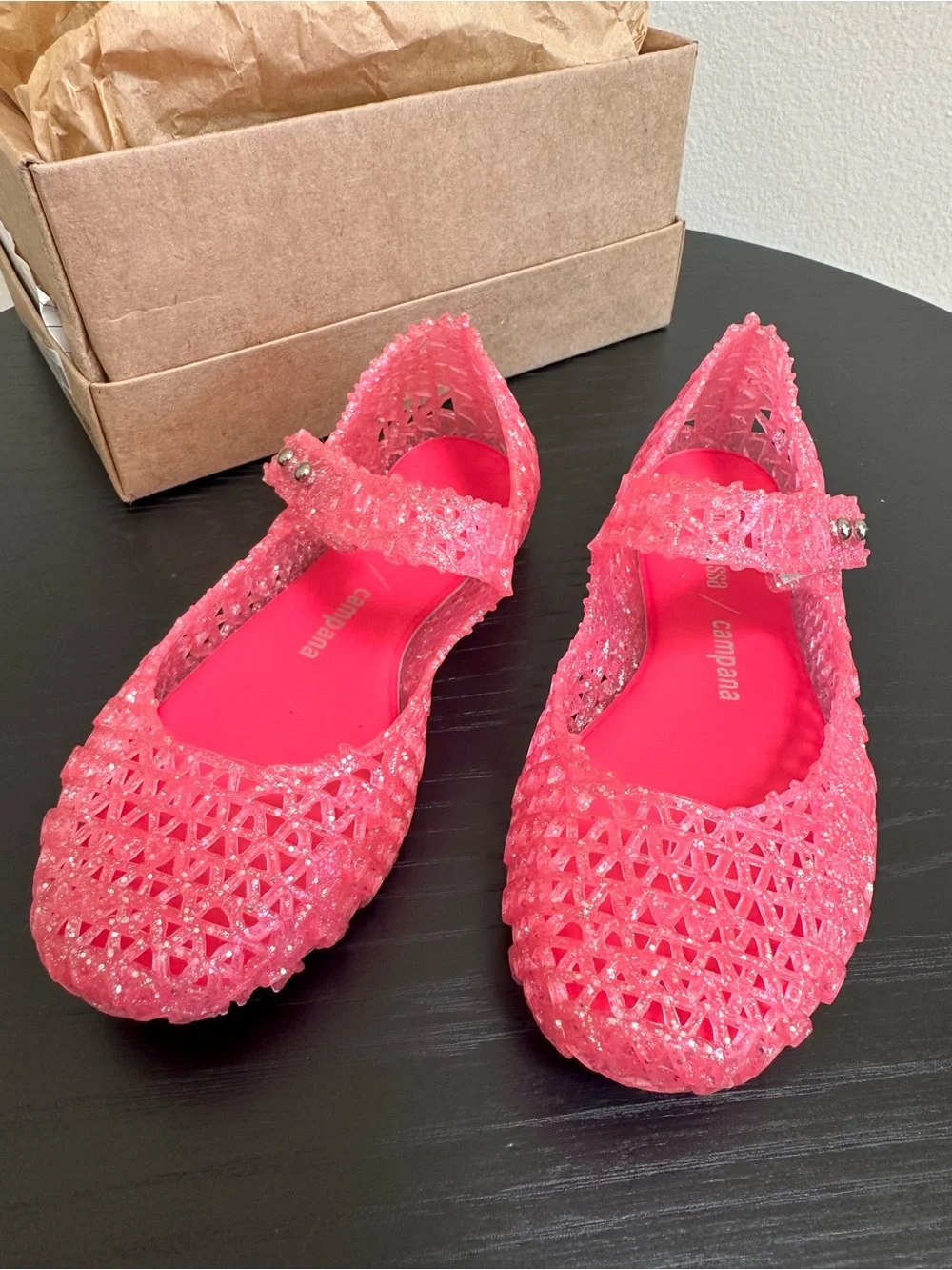 NWT Mini Melissa Campana Pink Glitter Mary Jane Jelly Flats Girls Size 11